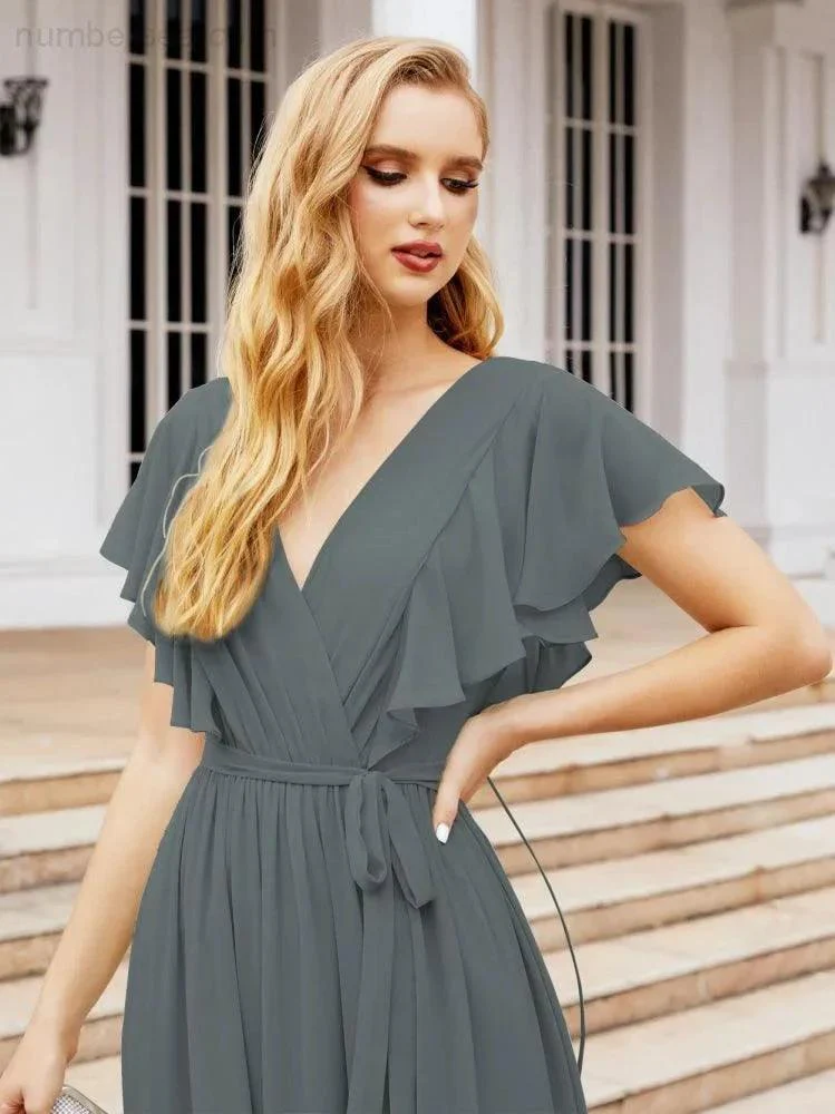 Numbersea Women's Open Back Formal Evening Party Prom Gowns V-Neck Long Chiffon Bridesmaid Dresses with Waist Belt 28038 - Image 114