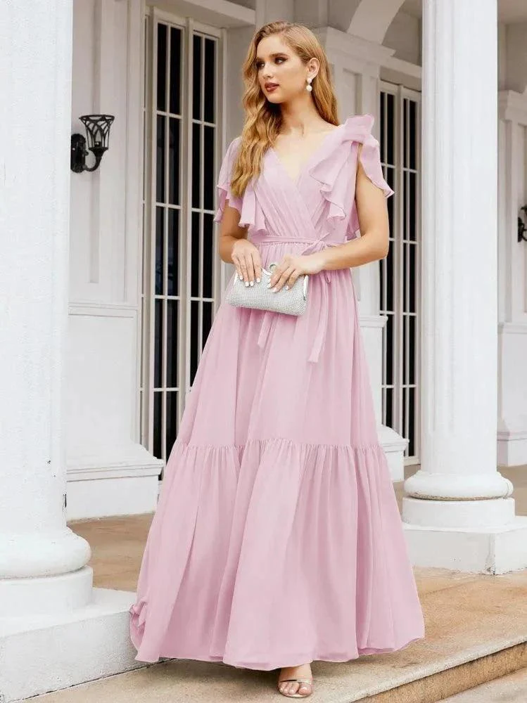 Numbersea Women's Open Back Formal Evening Party Prom Gowns V-Neck Long Chiffon Bridesmaid Dresses with Waist Belt 28038 - Image 115