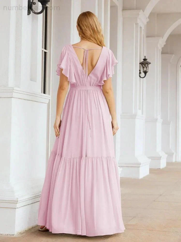 Numbersea Women's Open Back Formal Evening Party Prom Gowns V-Neck Long Chiffon Bridesmaid Dresses with Waist Belt 28038 - Image 116