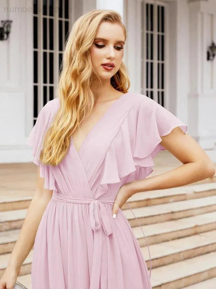 Numbersea Women's Open Back Formal Evening Party Prom Gowns V-Neck Long Chiffon Bridesmaid Dresses with Waist Belt 28038 - Image 117