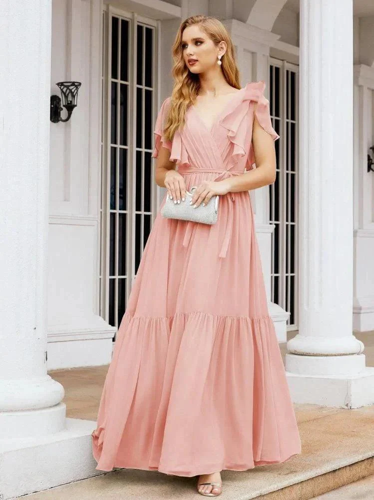 Numbersea Women's Open Back Formal Evening Party Prom Gowns V-Neck Long Chiffon Bridesmaid Dresses with Waist Belt 28038 - Image 118