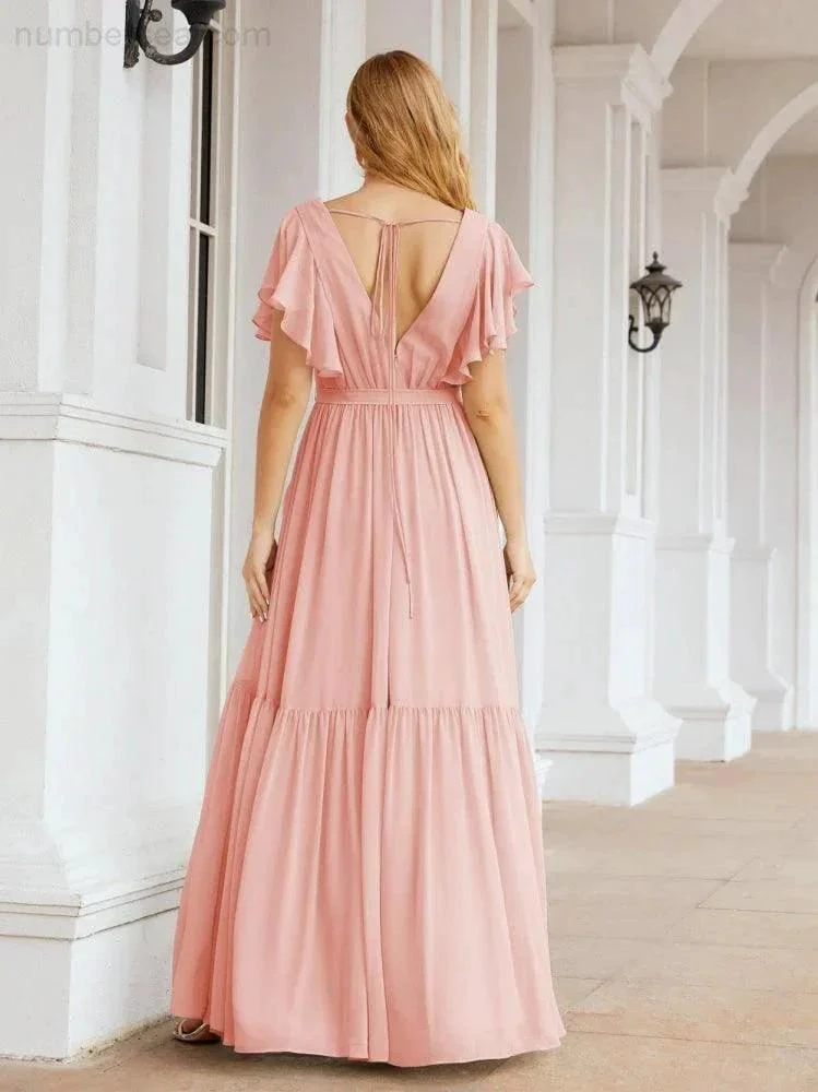 Numbersea Women's Open Back Formal Evening Party Prom Gowns V-Neck Long Chiffon Bridesmaid Dresses with Waist Belt 28038 - Image 119