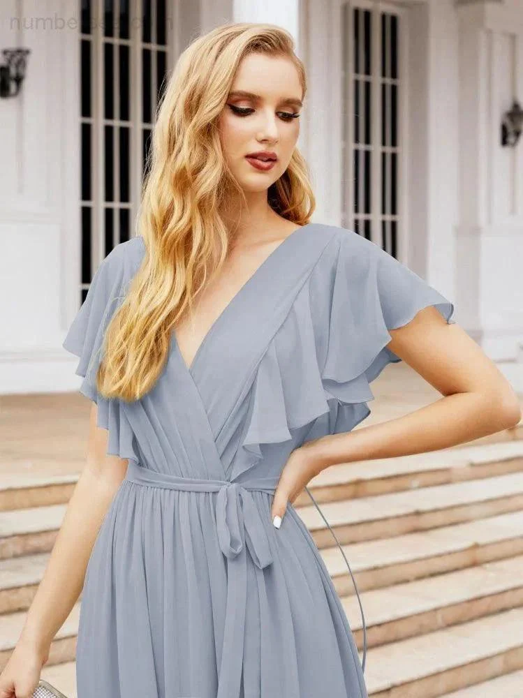 Numbersea Women's Open Back Formal Evening Party Prom Gowns V-Neck Long Chiffon Bridesmaid Dresses with Waist Belt 28038 - Image 12