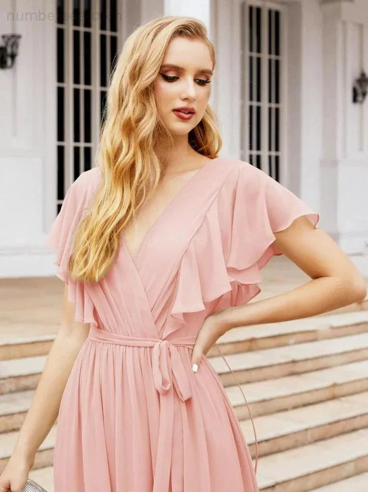 Numbersea Women's Open Back Formal Evening Party Prom Gowns V-Neck Long Chiffon Bridesmaid Dresses with Waist Belt 28038 - Image 120
