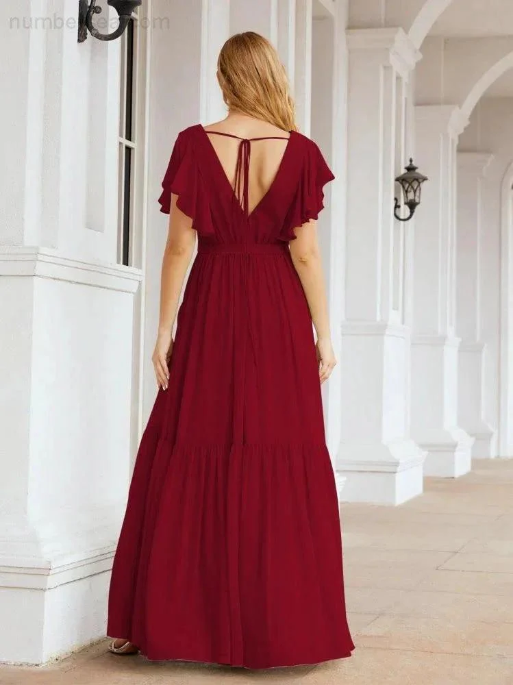 Numbersea Women's Open Back Formal Evening Party Prom Gowns V-Neck Long Chiffon Bridesmaid Dresses with Waist Belt 28038 - Image 122