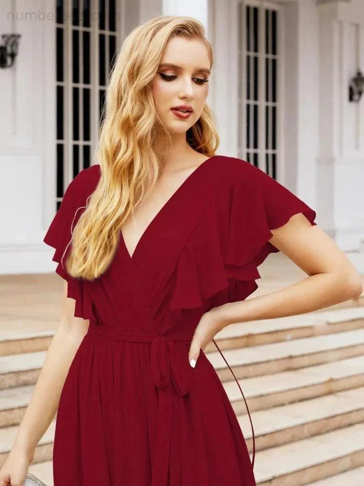 Numbersea Women's Open Back Formal Evening Party Prom Gowns V-Neck Long Chiffon Bridesmaid Dresses with Waist Belt 28038 - Image 123