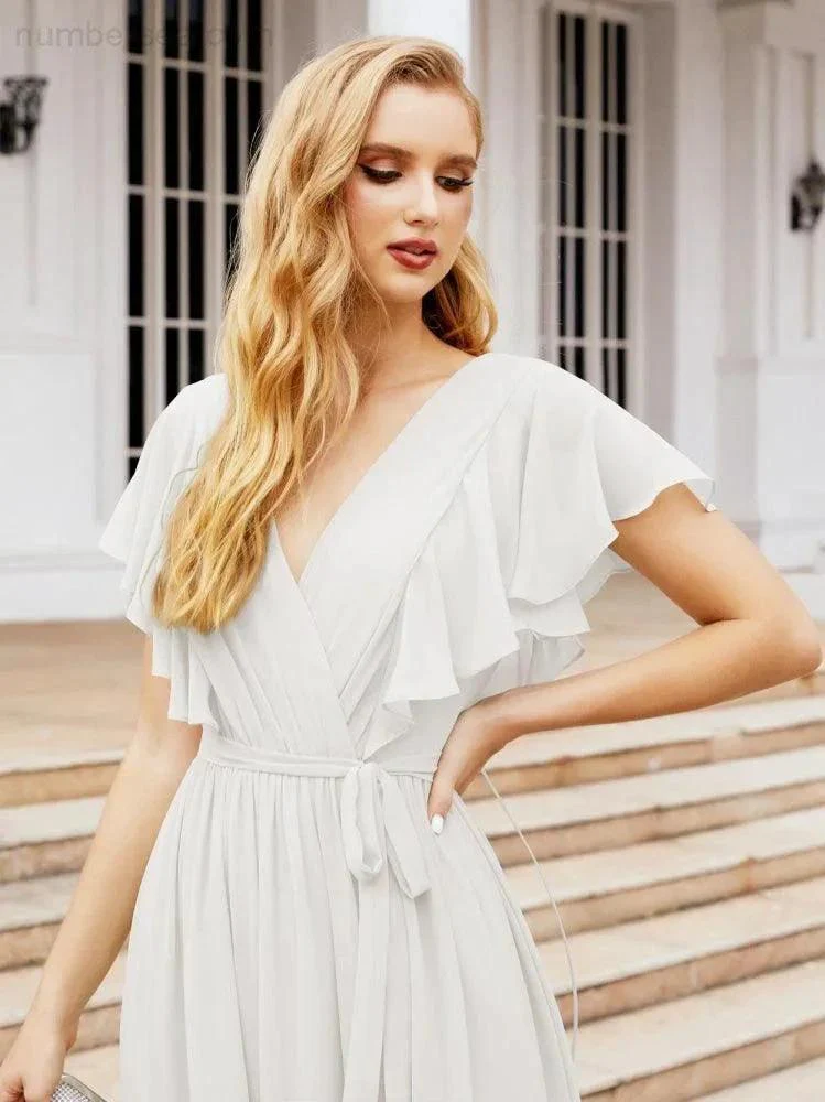 Numbersea Women's Open Back Formal Evening Party Prom Gowns V-Neck Long Chiffon Bridesmaid Dresses with Waist Belt 28038 - Image 126