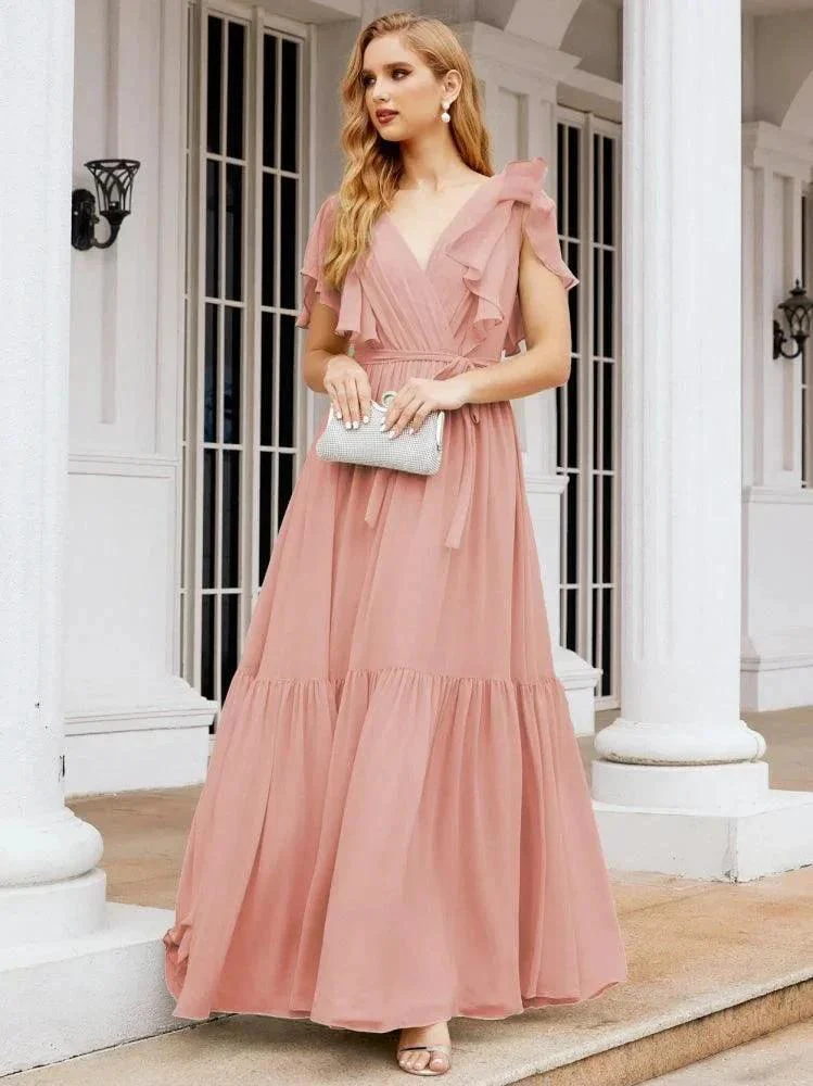Numbersea Women's Open Back Formal Evening Party Prom Gowns V-Neck Long Chiffon Bridesmaid Dresses with Waist Belt 28038 - Image 16