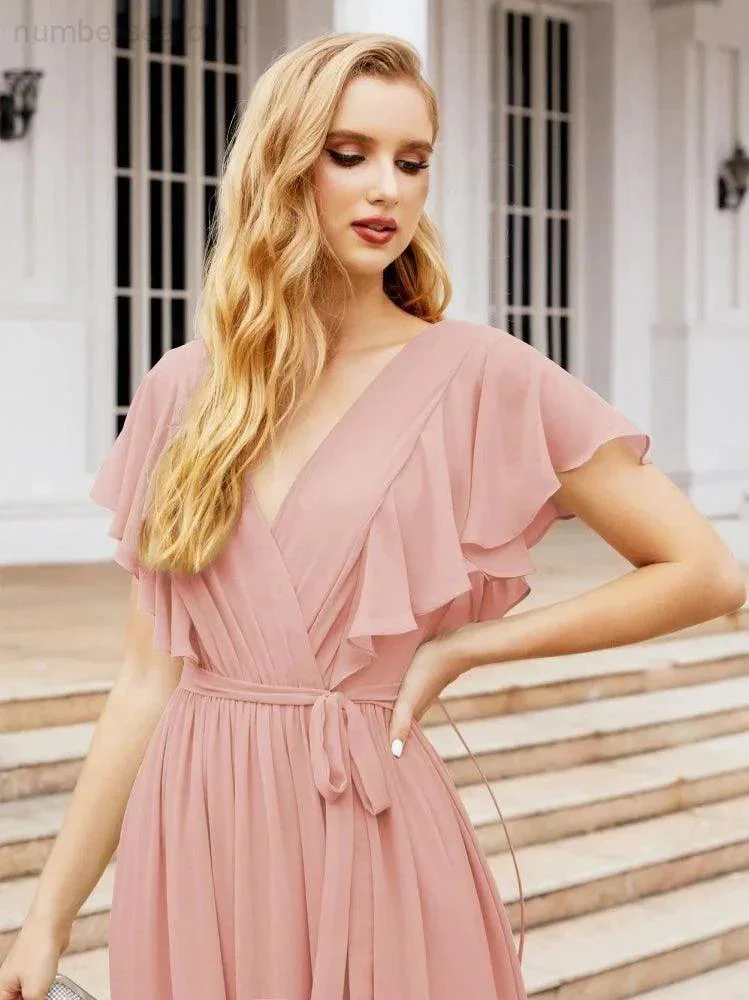 Numbersea Women's Open Back Formal Evening Party Prom Gowns V-Neck Long Chiffon Bridesmaid Dresses with Waist Belt 28038 - Image 18