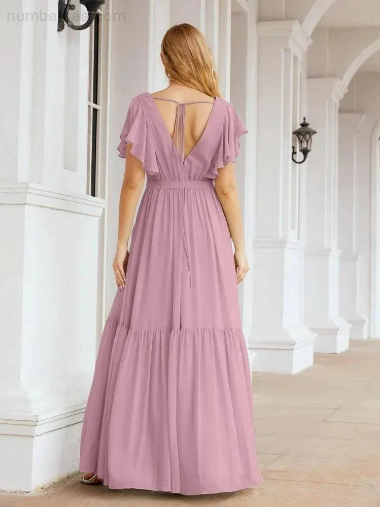 Numbersea Women's Open Back Formal Evening Party Prom Gowns V-Neck Long Chiffon Bridesmaid Dresses with Waist Belt 28038 - Image 2