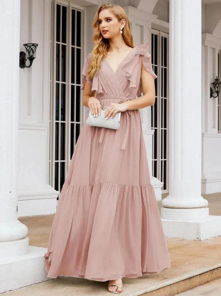Numbersea Women's Open Back Formal Evening Party Prom Gowns V-Neck Long Chiffon Bridesmaid Dresses with Waist Belt 28038 - Image 25