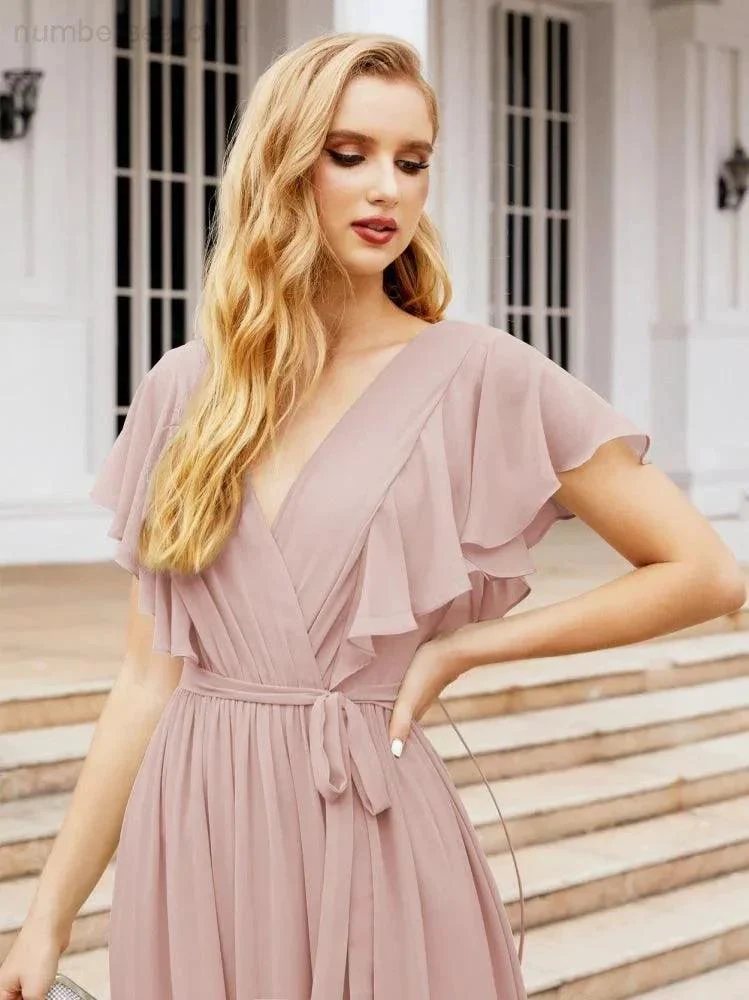 Numbersea Women's Open Back Formal Evening Party Prom Gowns V-Neck Long Chiffon Bridesmaid Dresses with Waist Belt 28038 - Image 27