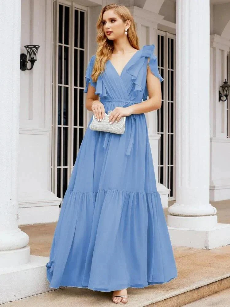 Numbersea Women's Open Back Formal Evening Party Prom Gowns V-Neck Long Chiffon Bridesmaid Dresses with Waist Belt 28038 - Image 28