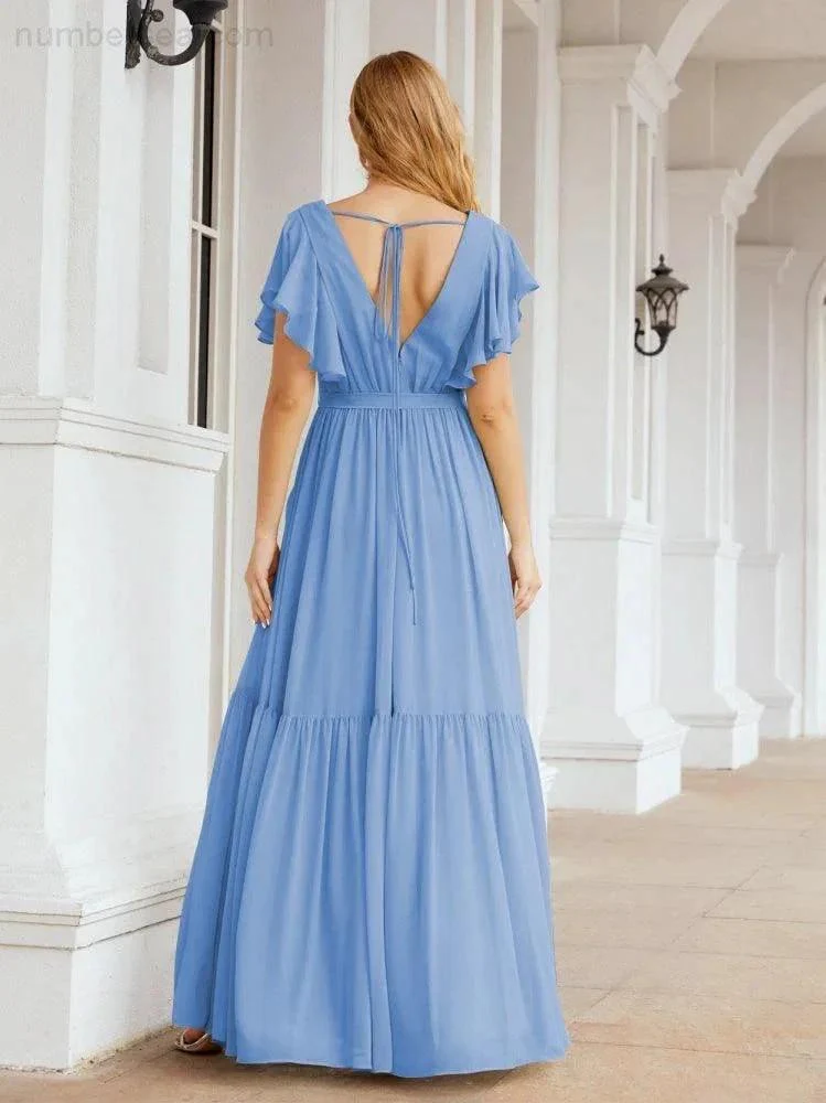 Numbersea Women's Open Back Formal Evening Party Prom Gowns V-Neck Long Chiffon Bridesmaid Dresses with Waist Belt 28038 - Image 29