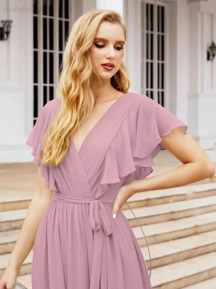Numbersea Women's Open Back Formal Evening Party Prom Gowns V-Neck Long Chiffon Bridesmaid Dresses with Waist Belt 28038 - Image 3