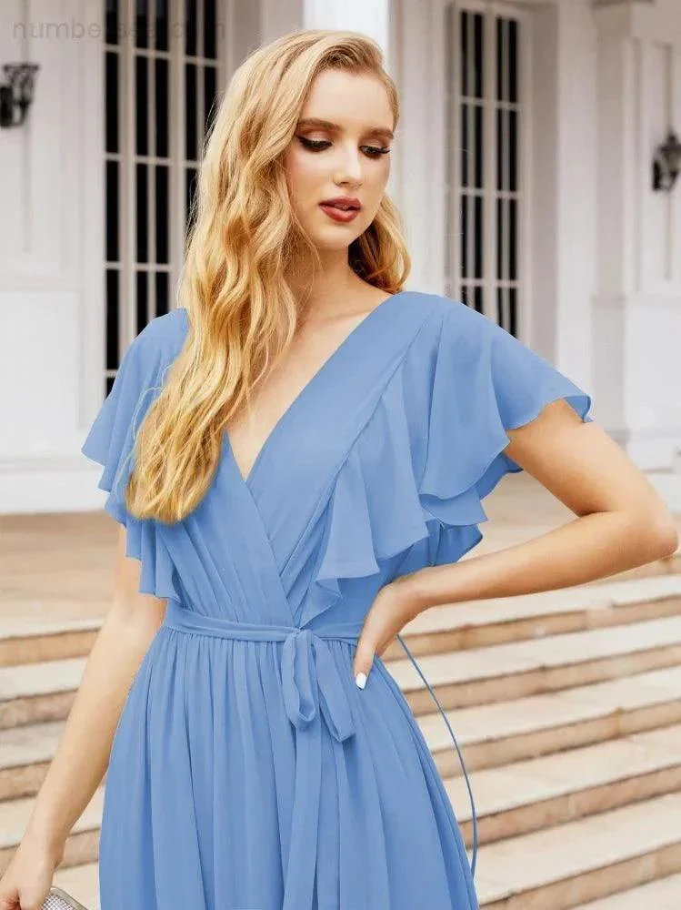 Numbersea Women's Open Back Formal Evening Party Prom Gowns V-Neck Long Chiffon Bridesmaid Dresses with Waist Belt 28038 - Image 30
