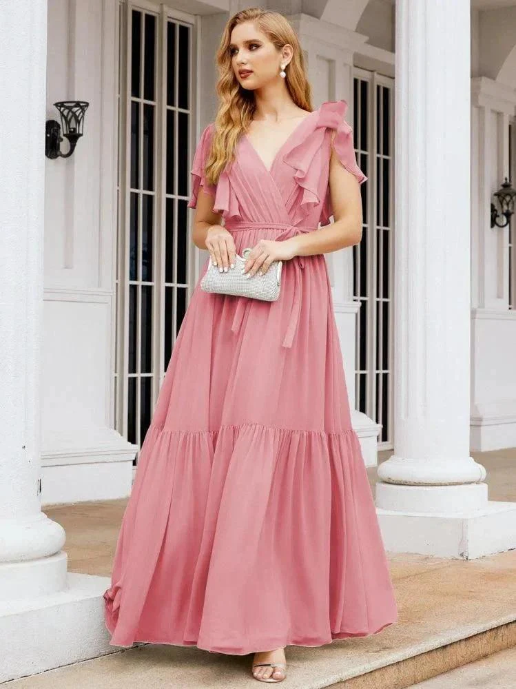 Numbersea Women's Open Back Formal Evening Party Prom Gowns V-Neck Long Chiffon Bridesmaid Dresses with Waist Belt 28038 - Image 31