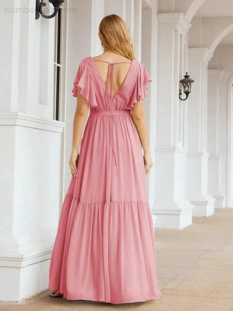 Numbersea Women's Open Back Formal Evening Party Prom Gowns V-Neck Long Chiffon Bridesmaid Dresses with Waist Belt 28038 - Image 32