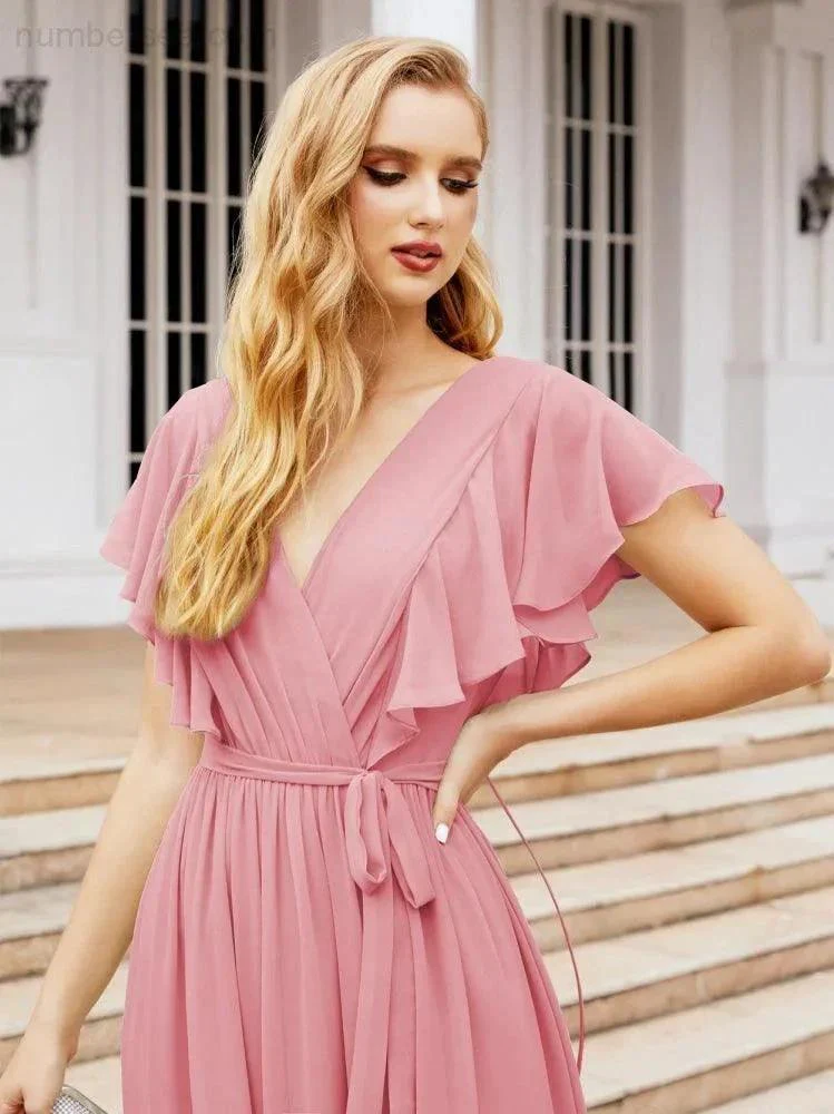 Numbersea Women's Open Back Formal Evening Party Prom Gowns V-Neck Long Chiffon Bridesmaid Dresses with Waist Belt 28038 - Image 33