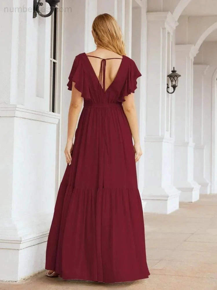 Numbersea Women's Open Back Formal Evening Party Prom Gowns V-Neck Long Chiffon Bridesmaid Dresses with Waist Belt 28038 - Image 35