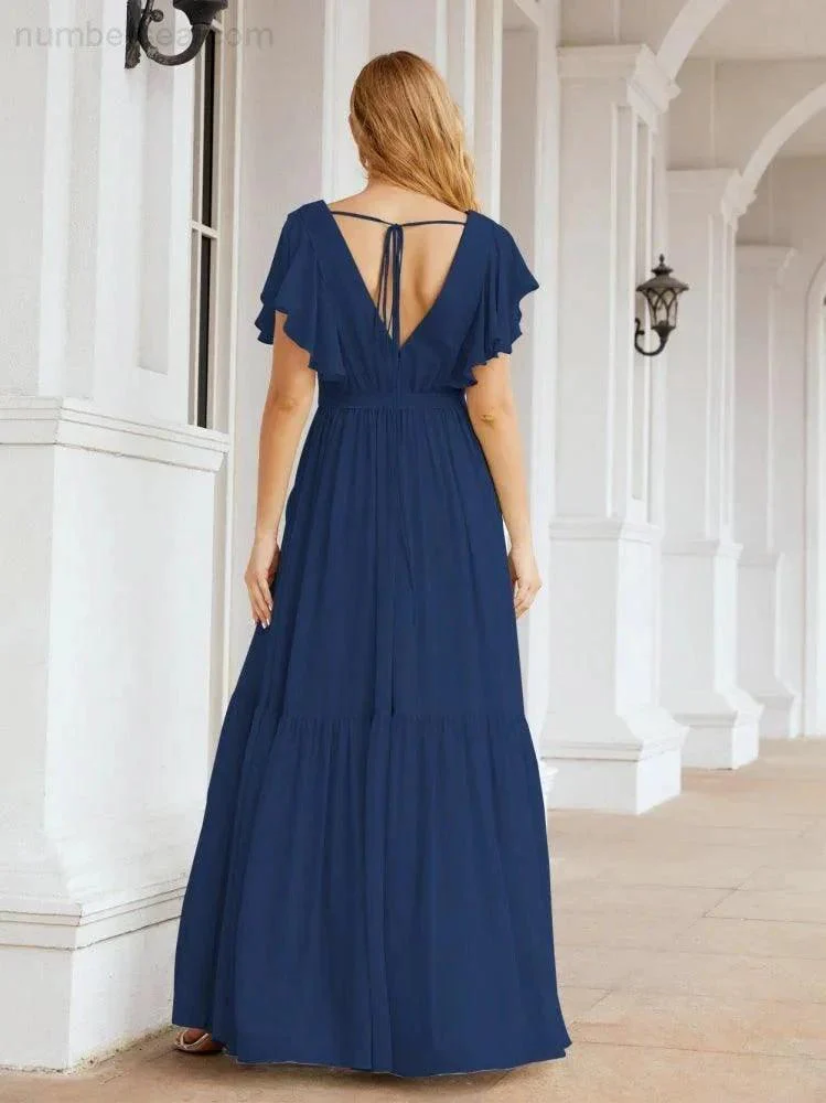 Numbersea Women's Open Back Formal Evening Party Prom Gowns V-Neck Long Chiffon Bridesmaid Dresses with Waist Belt 28038 - Image 38
