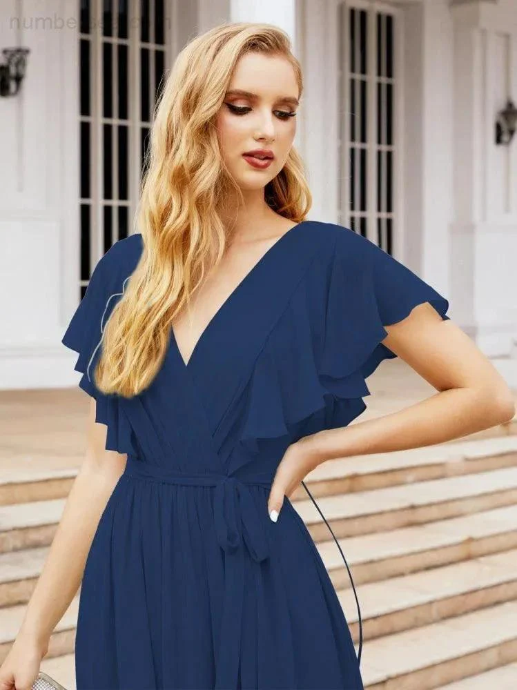 Numbersea Women's Open Back Formal Evening Party Prom Gowns V-Neck Long Chiffon Bridesmaid Dresses with Waist Belt 28038 - Image 39