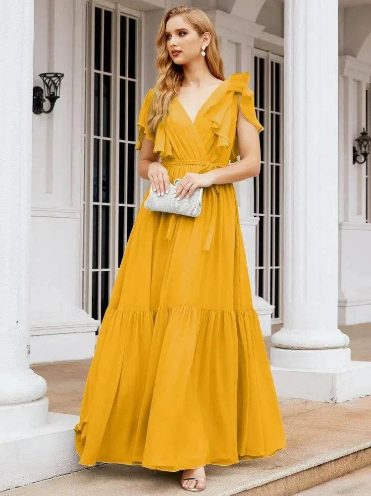 Numbersea Women's Open Back Formal Evening Party Prom Gowns V-Neck Long Chiffon Bridesmaid Dresses with Waist Belt 28038 - Image 4