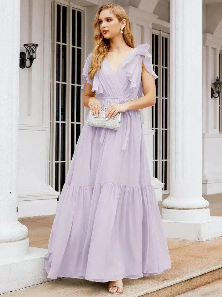 Numbersea Women's Open Back Formal Evening Party Prom Gowns V-Neck Long Chiffon Bridesmaid Dresses with Waist Belt 28038 - Image 40