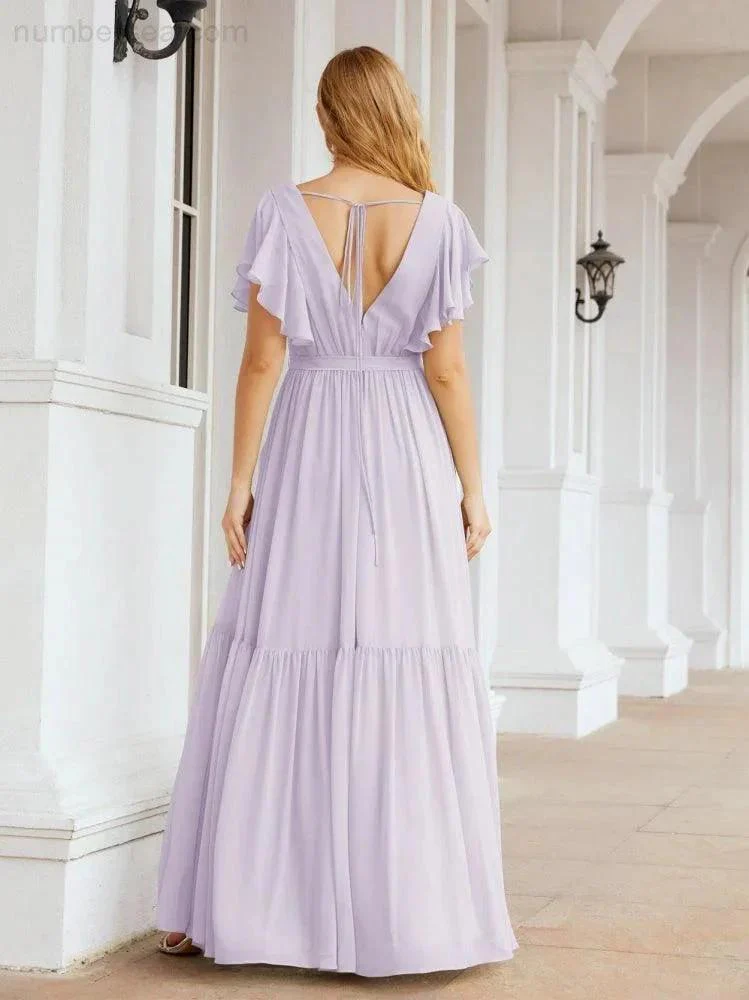 Numbersea Women's Open Back Formal Evening Party Prom Gowns V-Neck Long Chiffon Bridesmaid Dresses with Waist Belt 28038 - Image 41