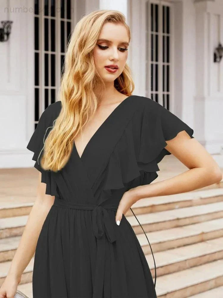 Numbersea Women's Open Back Formal Evening Party Prom Gowns V-Neck Long Chiffon Bridesmaid Dresses with Waist Belt 28038 - Image 45