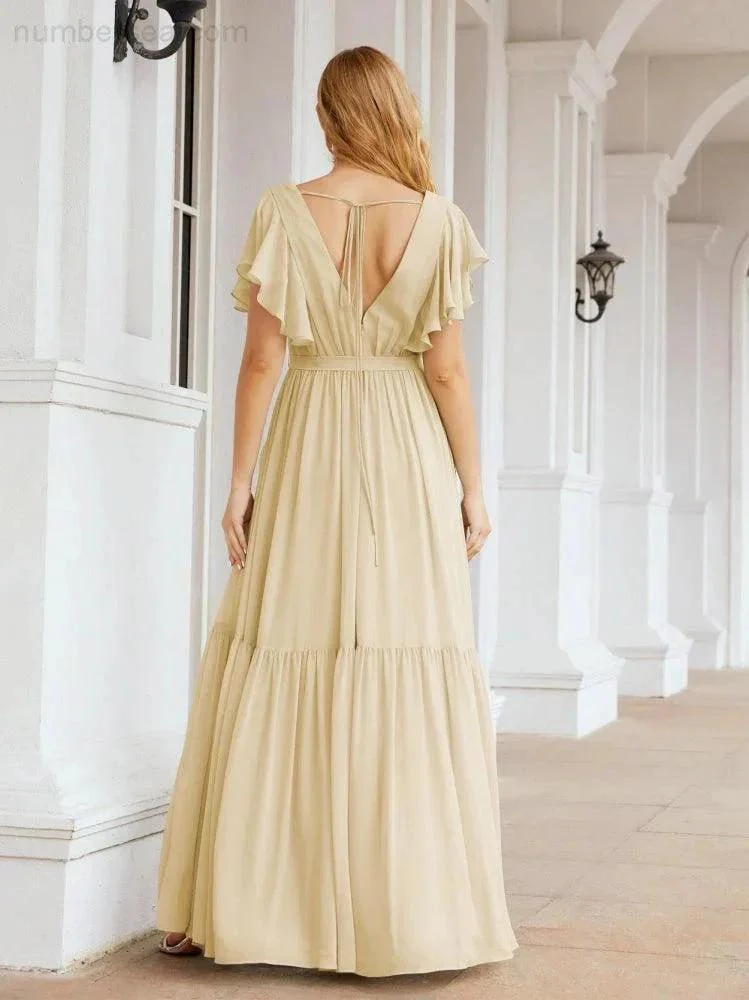 Numbersea Women's Open Back Formal Evening Party Prom Gowns V-Neck Long Chiffon Bridesmaid Dresses with Waist Belt 28038 - Image 47
