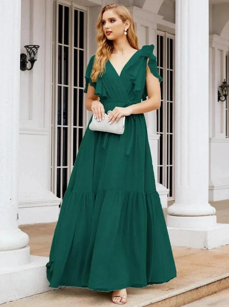 Numbersea Women's Open Back Formal Evening Party Prom Gowns V-Neck Long Chiffon Bridesmaid Dresses with Waist Belt 28038 - Image 49