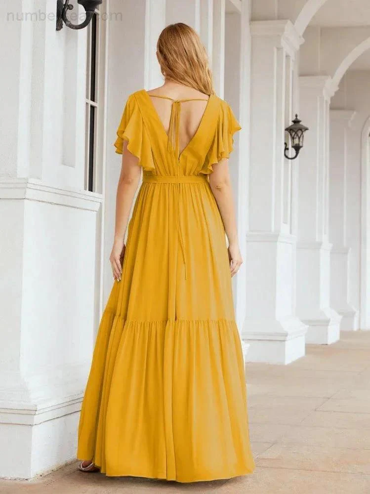 Numbersea Women's Open Back Formal Evening Party Prom Gowns V-Neck Long Chiffon Bridesmaid Dresses with Waist Belt 28038 - Image 5
