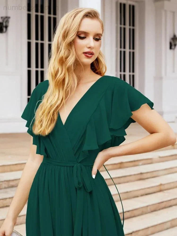 Numbersea Women's Open Back Formal Evening Party Prom Gowns V-Neck Long Chiffon Bridesmaid Dresses with Waist Belt 28038 - Image 51