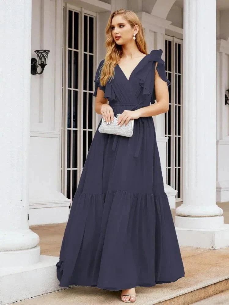 Numbersea Women's Open Back Formal Evening Party Prom Gowns V-Neck Long Chiffon Bridesmaid Dresses with Waist Belt 28038 - Image 52
