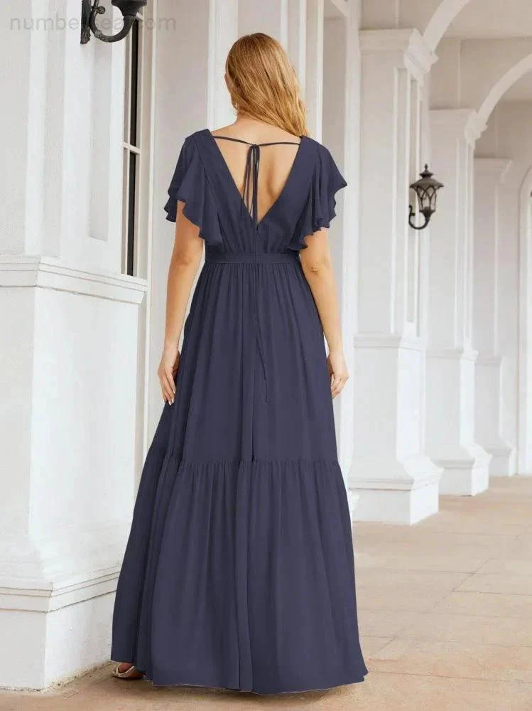 Numbersea Women's Open Back Formal Evening Party Prom Gowns V-Neck Long Chiffon Bridesmaid Dresses with Waist Belt 28038 - Image 53