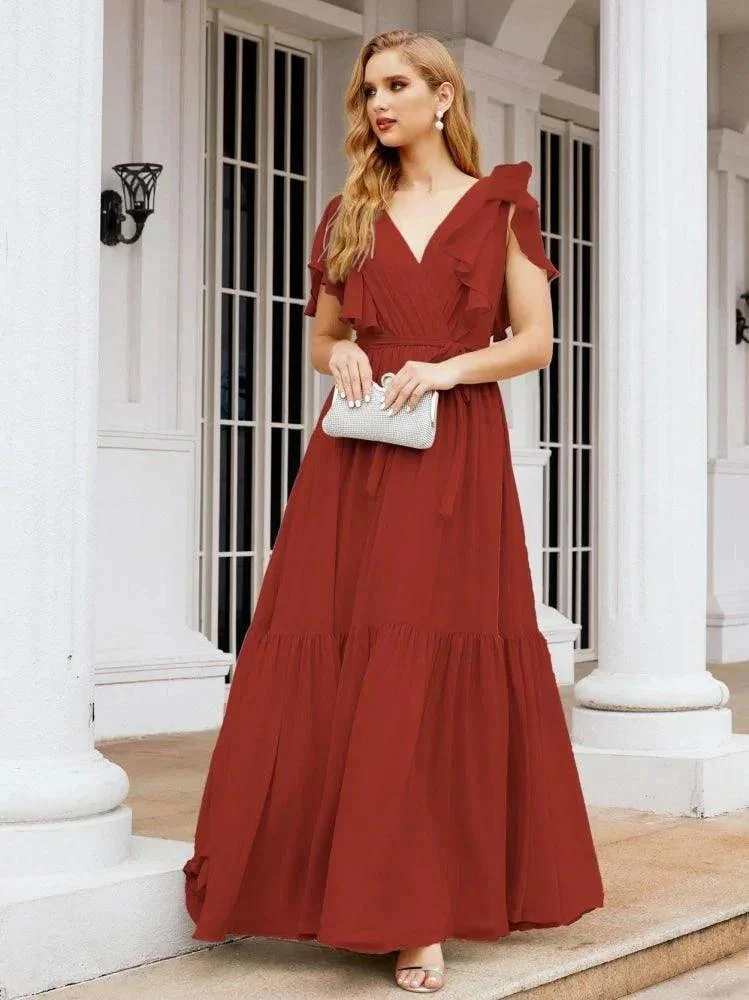 Numbersea Women's Open Back Formal Evening Party Prom Gowns V-Neck Long Chiffon Bridesmaid Dresses with Waist Belt 28038 - Image 55