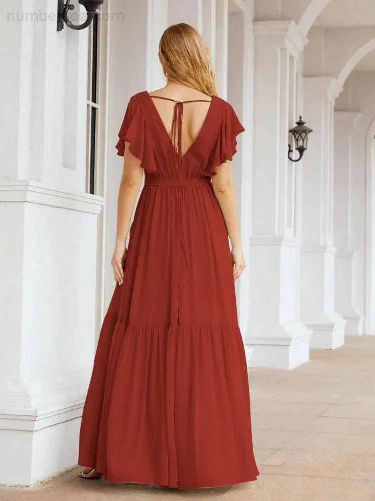 Numbersea Women's Open Back Formal Evening Party Prom Gowns V-Neck Long Chiffon Bridesmaid Dresses with Waist Belt 28038 - Image 56