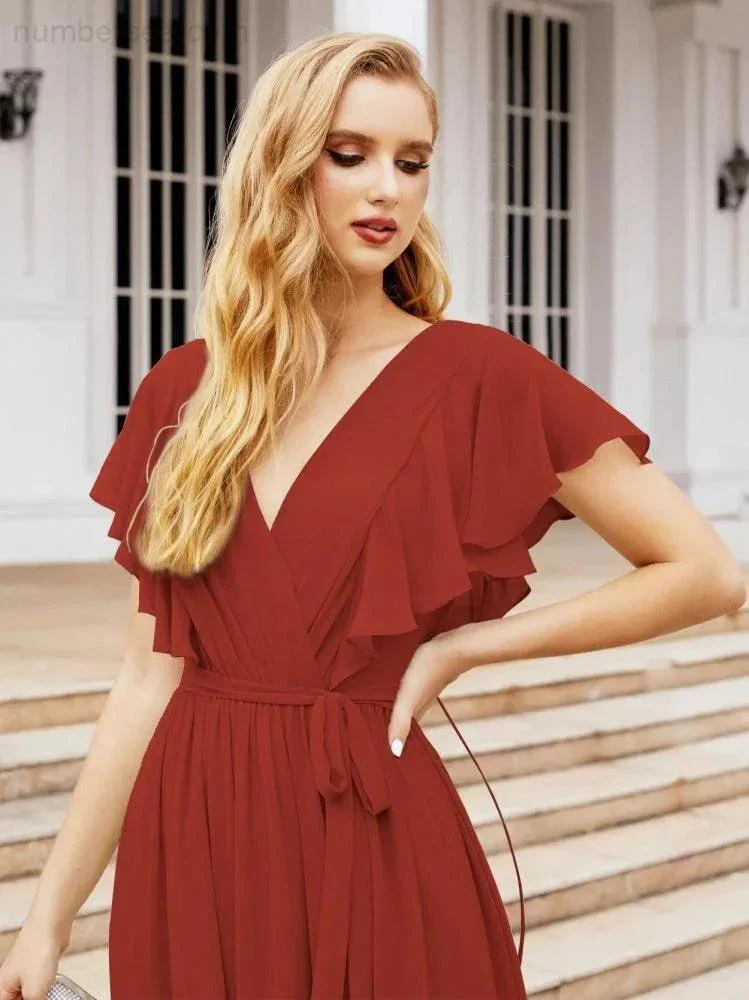 Numbersea Women's Open Back Formal Evening Party Prom Gowns V-Neck Long Chiffon Bridesmaid Dresses with Waist Belt 28038 - Image 57