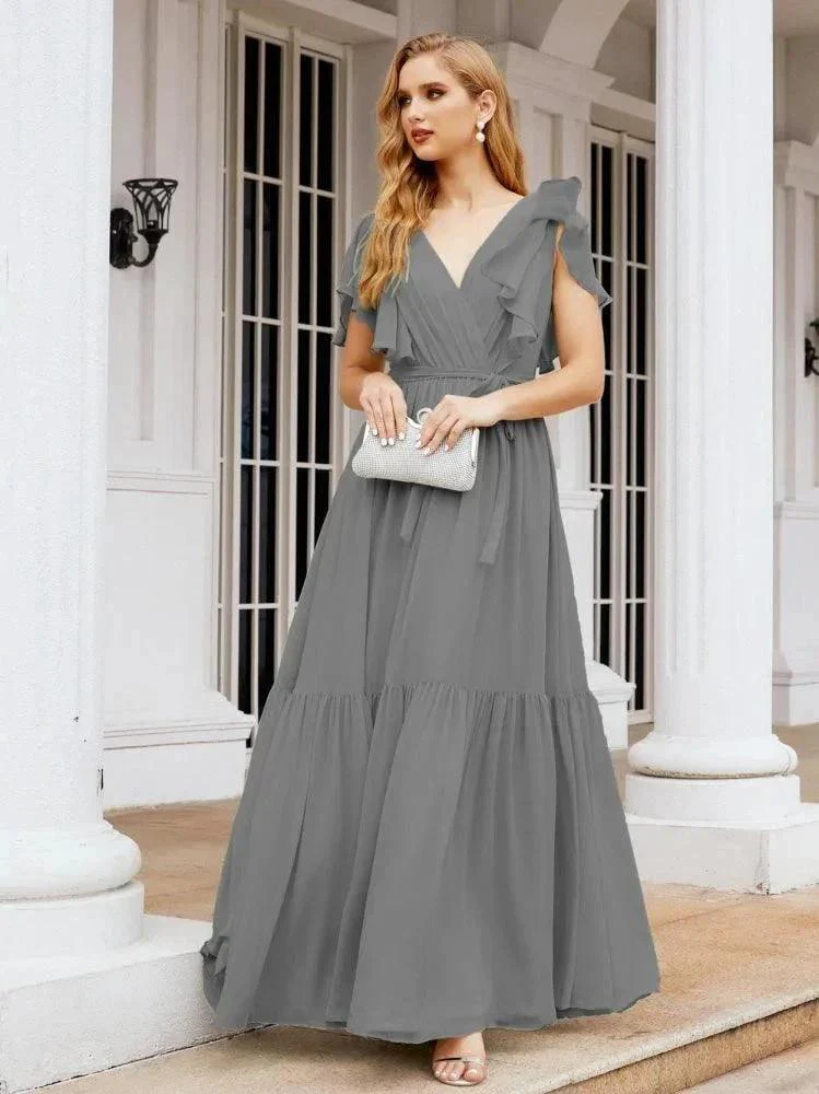 Numbersea Women's Open Back Formal Evening Party Prom Gowns V-Neck Long Chiffon Bridesmaid Dresses with Waist Belt 28038 - Image 58