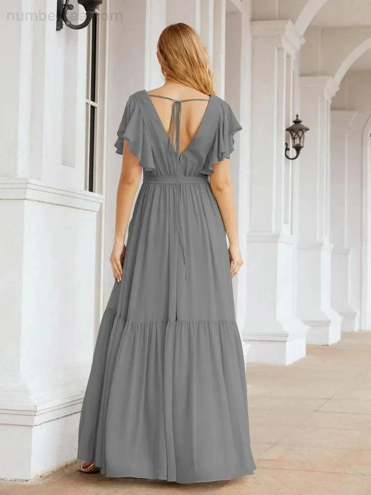 Numbersea Women's Open Back Formal Evening Party Prom Gowns V-Neck Long Chiffon Bridesmaid Dresses with Waist Belt 28038 - Image 59