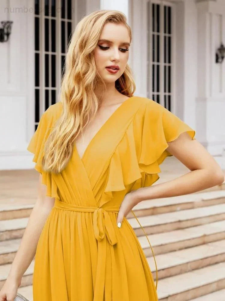 Numbersea Women's Open Back Formal Evening Party Prom Gowns V-Neck Long Chiffon Bridesmaid Dresses with Waist Belt 28038 - Image 6