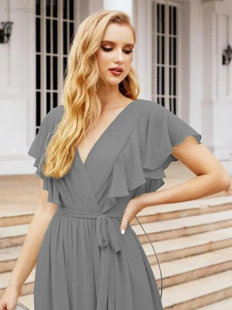 Numbersea Women's Open Back Formal Evening Party Prom Gowns V-Neck Long Chiffon Bridesmaid Dresses with Waist Belt 28038 - Image 60