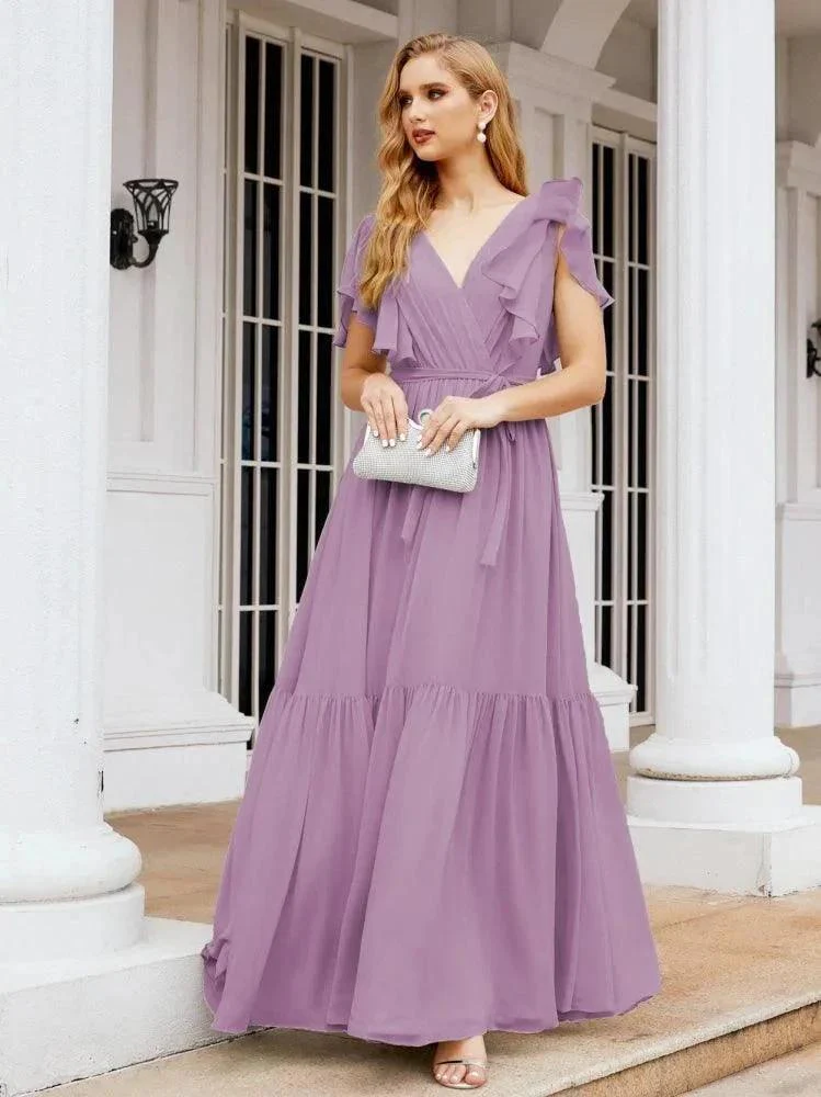 Numbersea Women's Open Back Formal Evening Party Prom Gowns V-Neck Long Chiffon Bridesmaid Dresses with Waist Belt 28038 - Image 61
