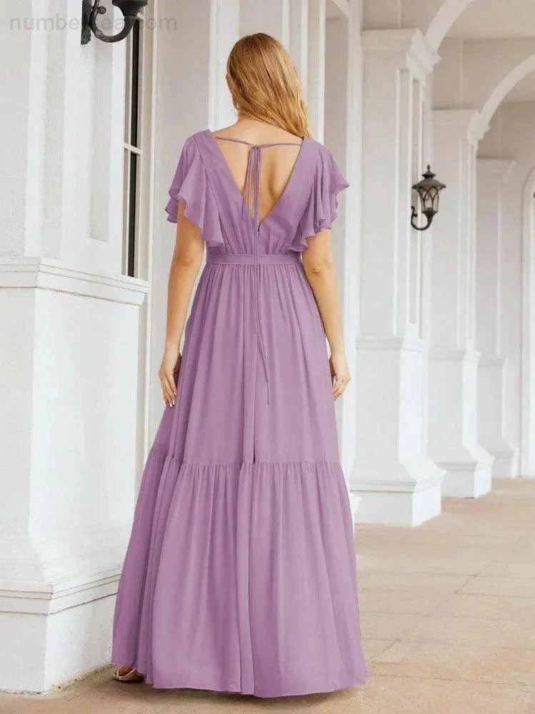 Numbersea Women's Open Back Formal Evening Party Prom Gowns V-Neck Long Chiffon Bridesmaid Dresses with Waist Belt 28038 - Image 62
