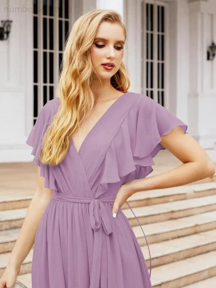 Numbersea Women's Open Back Formal Evening Party Prom Gowns V-Neck Long Chiffon Bridesmaid Dresses with Waist Belt 28038 - Image 63