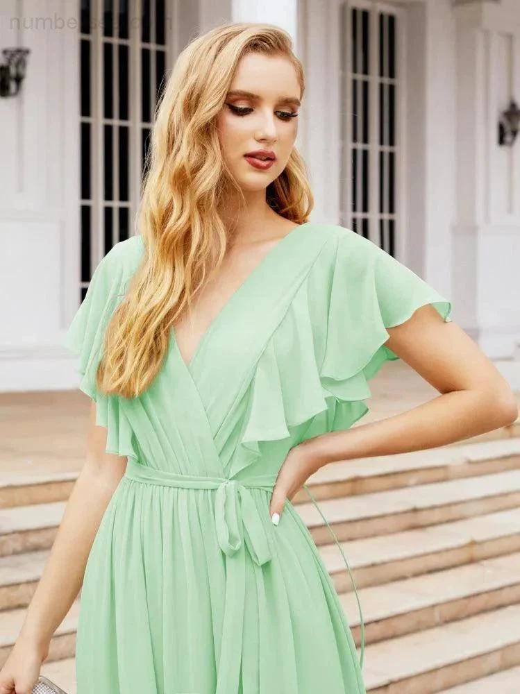 Numbersea Women's Open Back Formal Evening Party Prom Gowns V-Neck Long Chiffon Bridesmaid Dresses with Waist Belt 28038 - Image 66