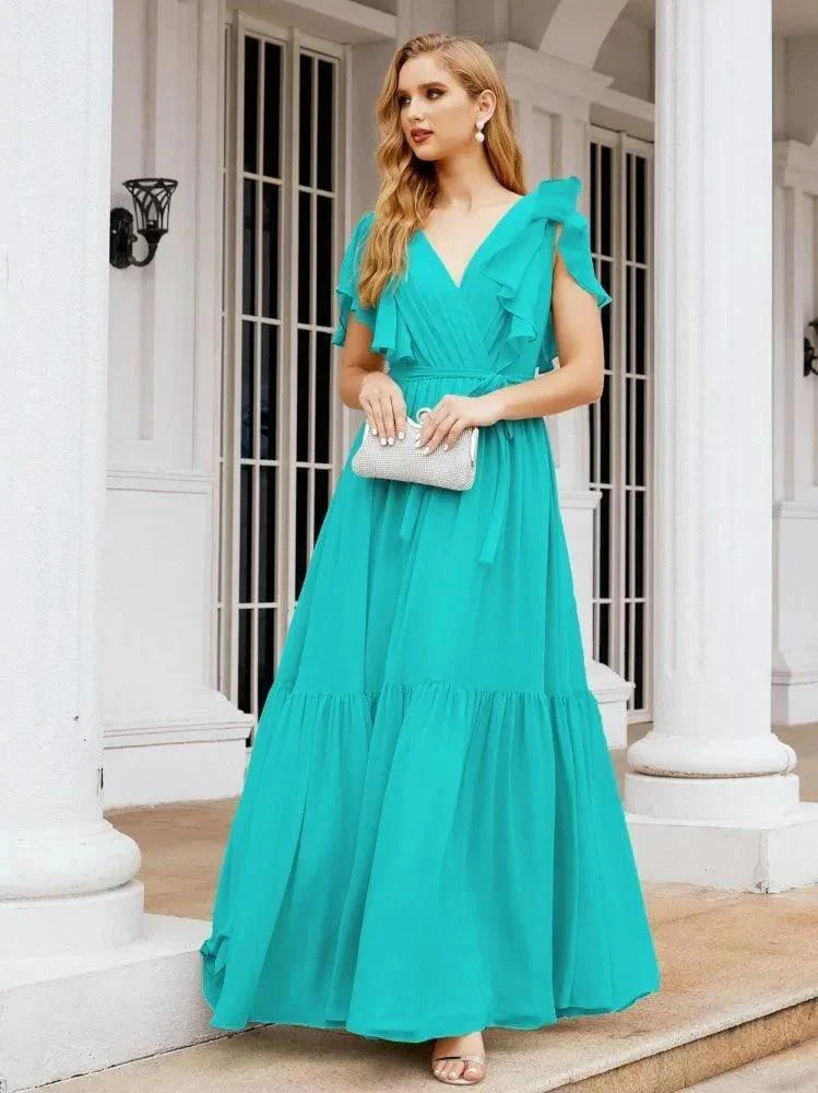 Numbersea Women's Open Back Formal Evening Party Prom Gowns V-Neck Long Chiffon Bridesmaid Dresses with Waist Belt 28038 - Image 67