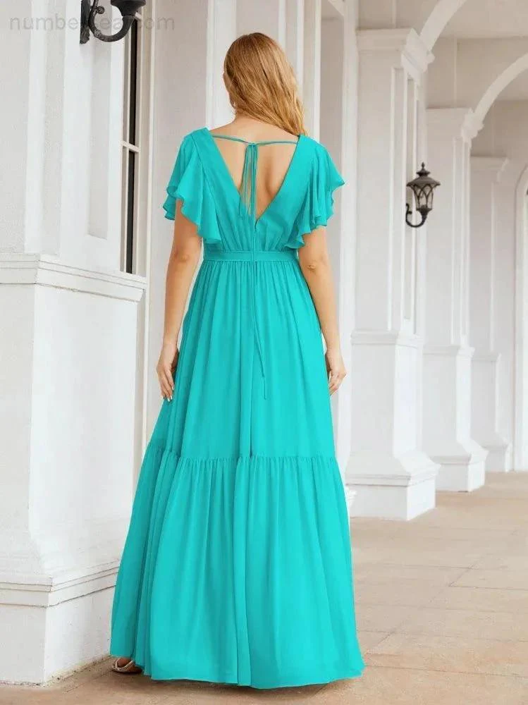 Numbersea Women's Open Back Formal Evening Party Prom Gowns V-Neck Long Chiffon Bridesmaid Dresses with Waist Belt 28038 - Image 68