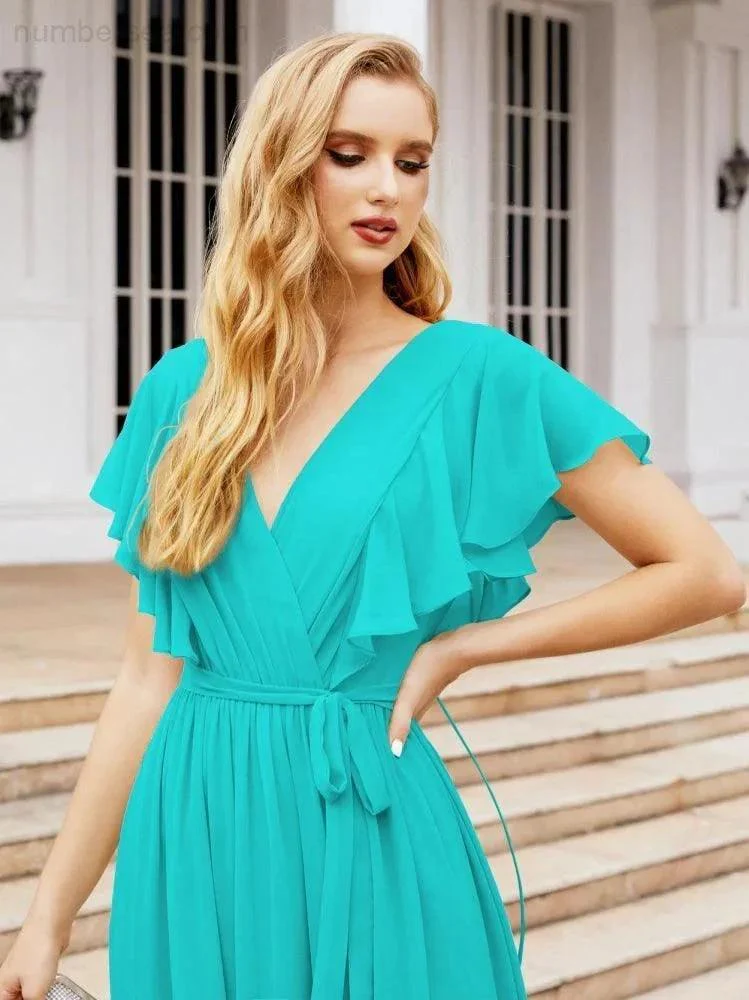 Numbersea Women's Open Back Formal Evening Party Prom Gowns V-Neck Long Chiffon Bridesmaid Dresses with Waist Belt 28038 - Image 69